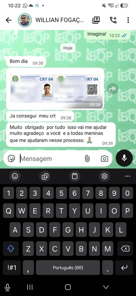 Mensagem de aluno agradecendo ao IBQP pela certificação (dados pessoais desfocados)